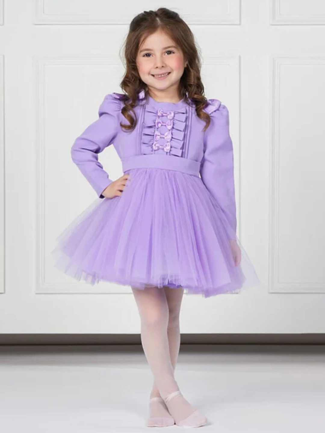 

THE PONY & PEONY CO. Girls Self Design Puff Sleeves Cotton Gathered Fit & Flare Dress, Purple