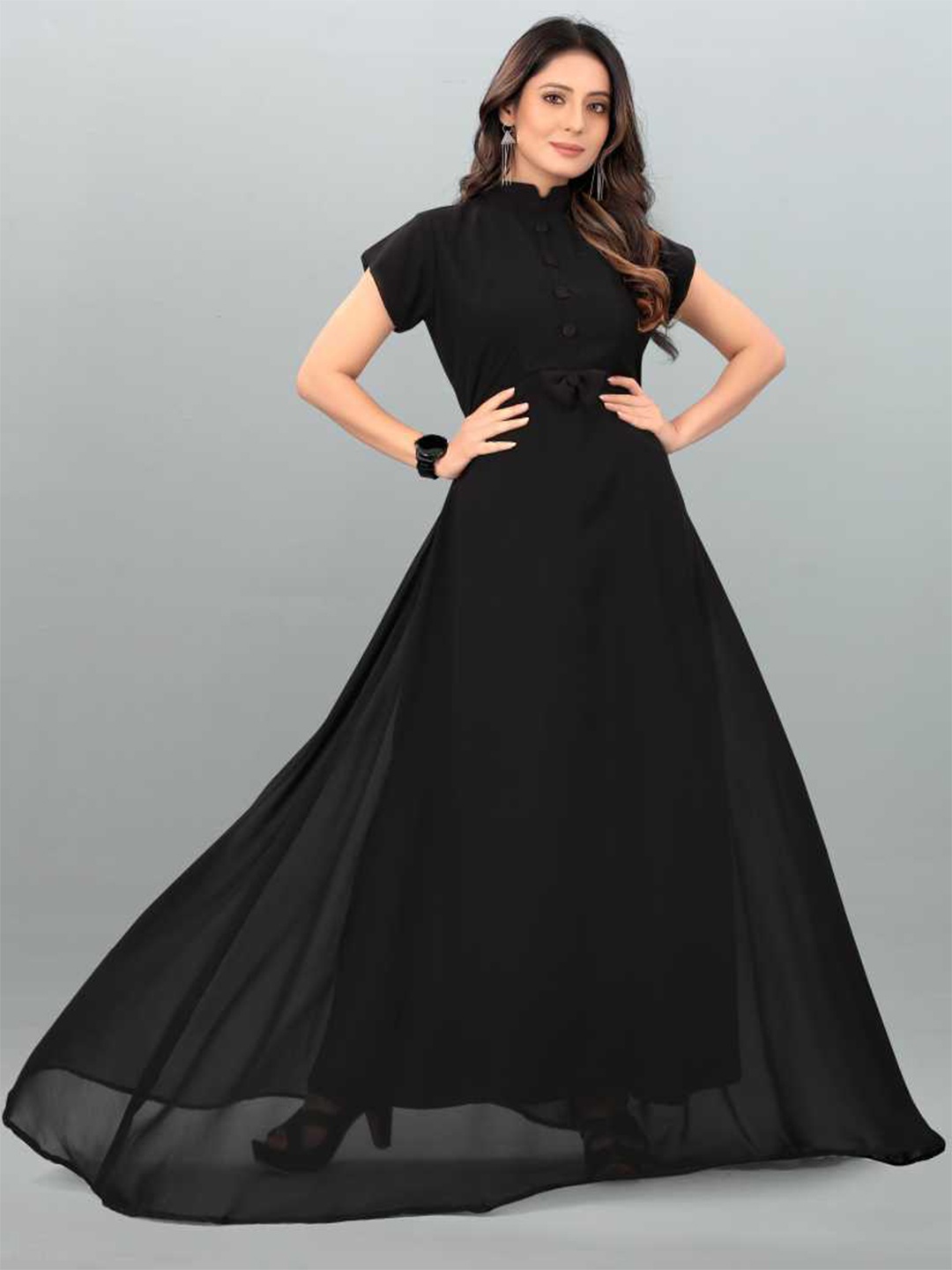 

Femvy Mandarin Collar Bow Georgette Maxi Dress, Black