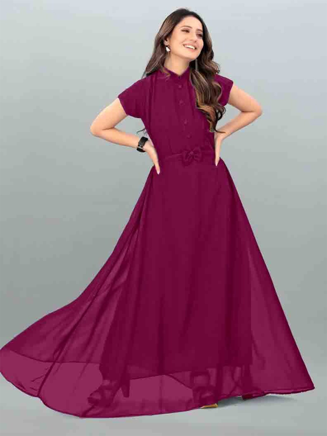 

Femvy Mandarin Collar Georgette Fit & Flare Maxi Dress, Magenta