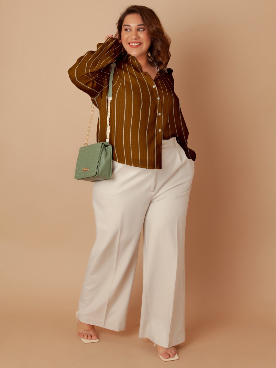 

Zink Curve Plus Size Tailored Fit Vertical Striped Drop-Shoulder Sleeves Casual Shirt, Brown