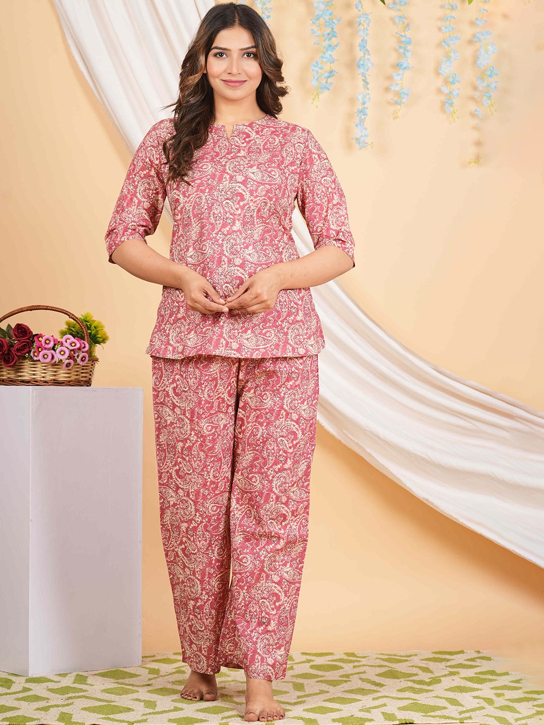 

RAJPUTANA CAMISA Floral Printed Pure Cotton Night Suit, Pink