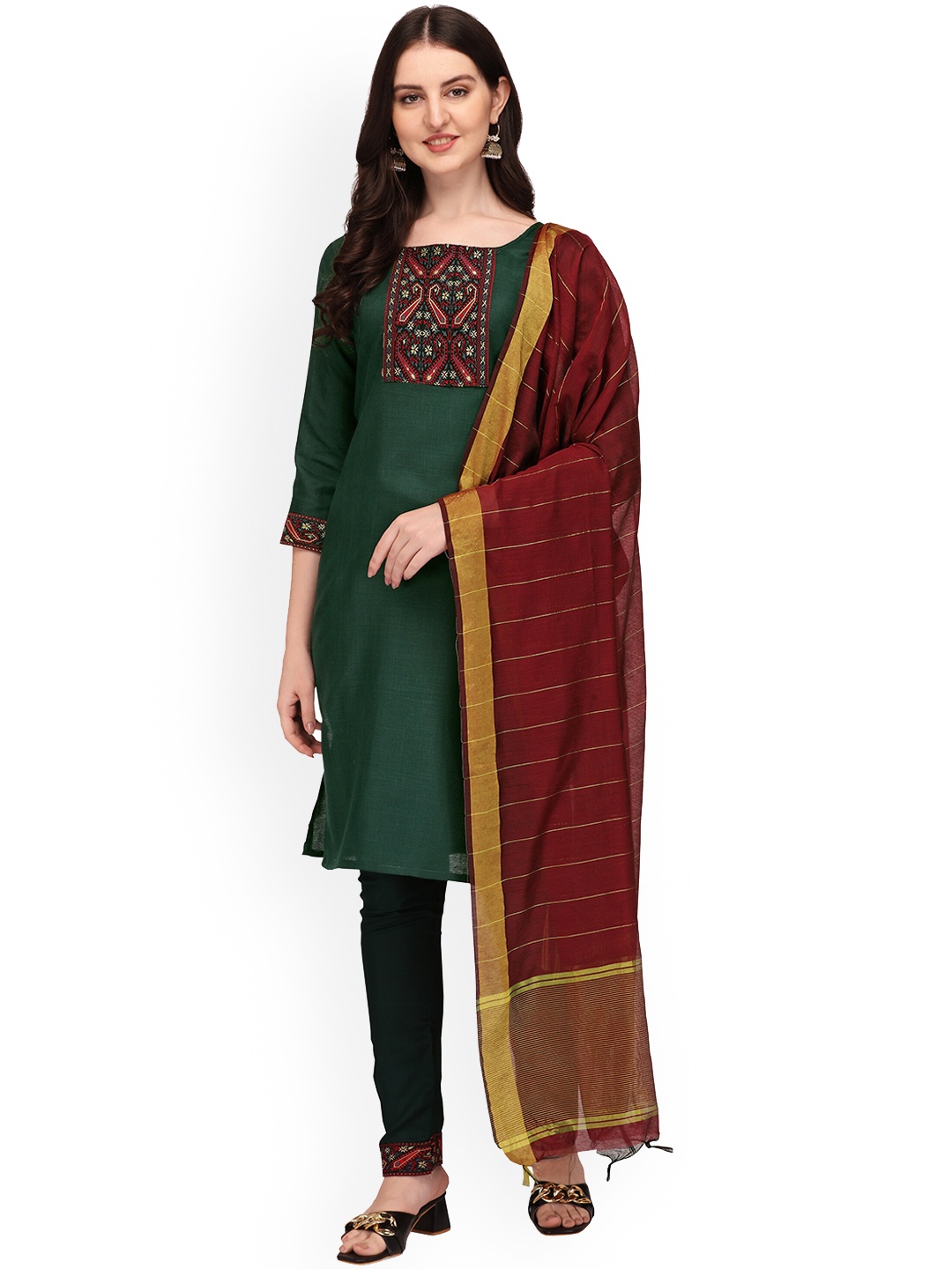 

WINE LADY Ethnic Motifs Yoke Design Thread Work Straight Kurta With Trousers & Dupatta, Green