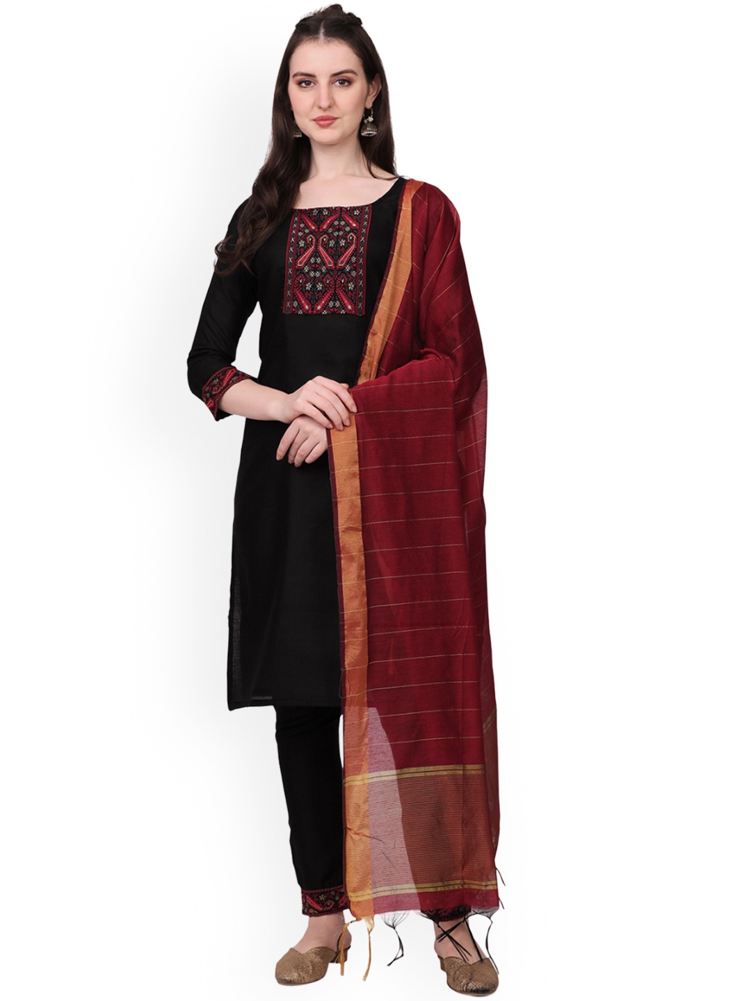 

WINE LADY Ethnic Motifs Yoke Design Thread Work Straight Kurta With Trousers & Dupatta, Black