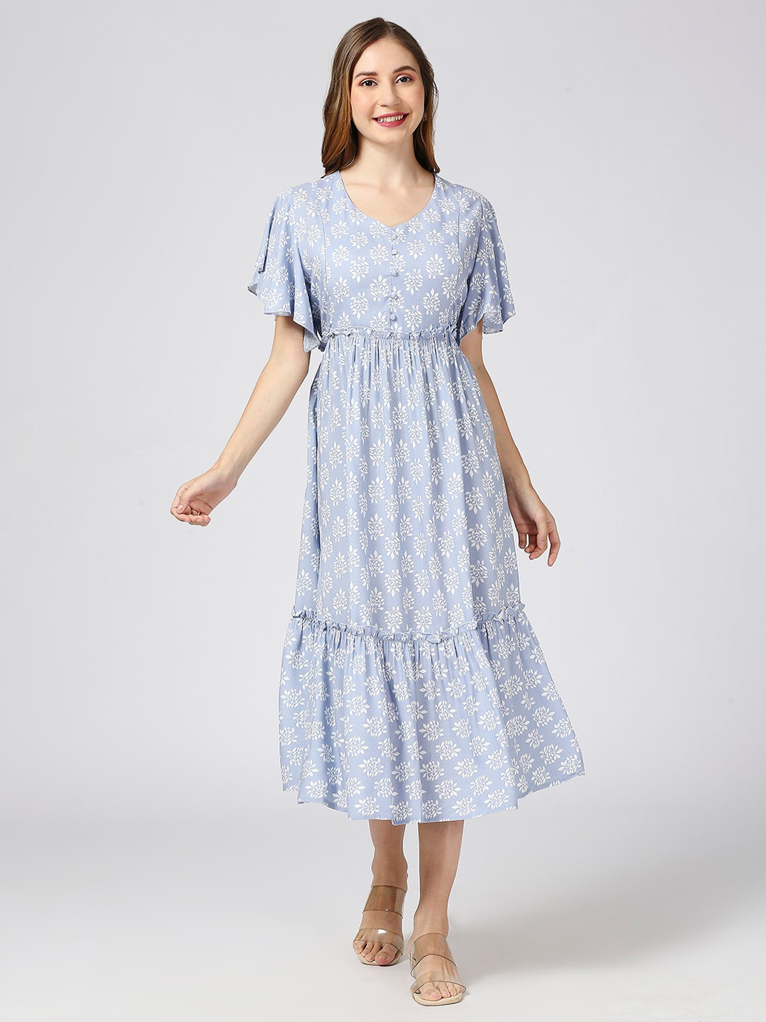 

MeeMee Floral Print Bell Sleeve Maternity Fit & Flare Midi Dress with Feeding Zip, Grey
