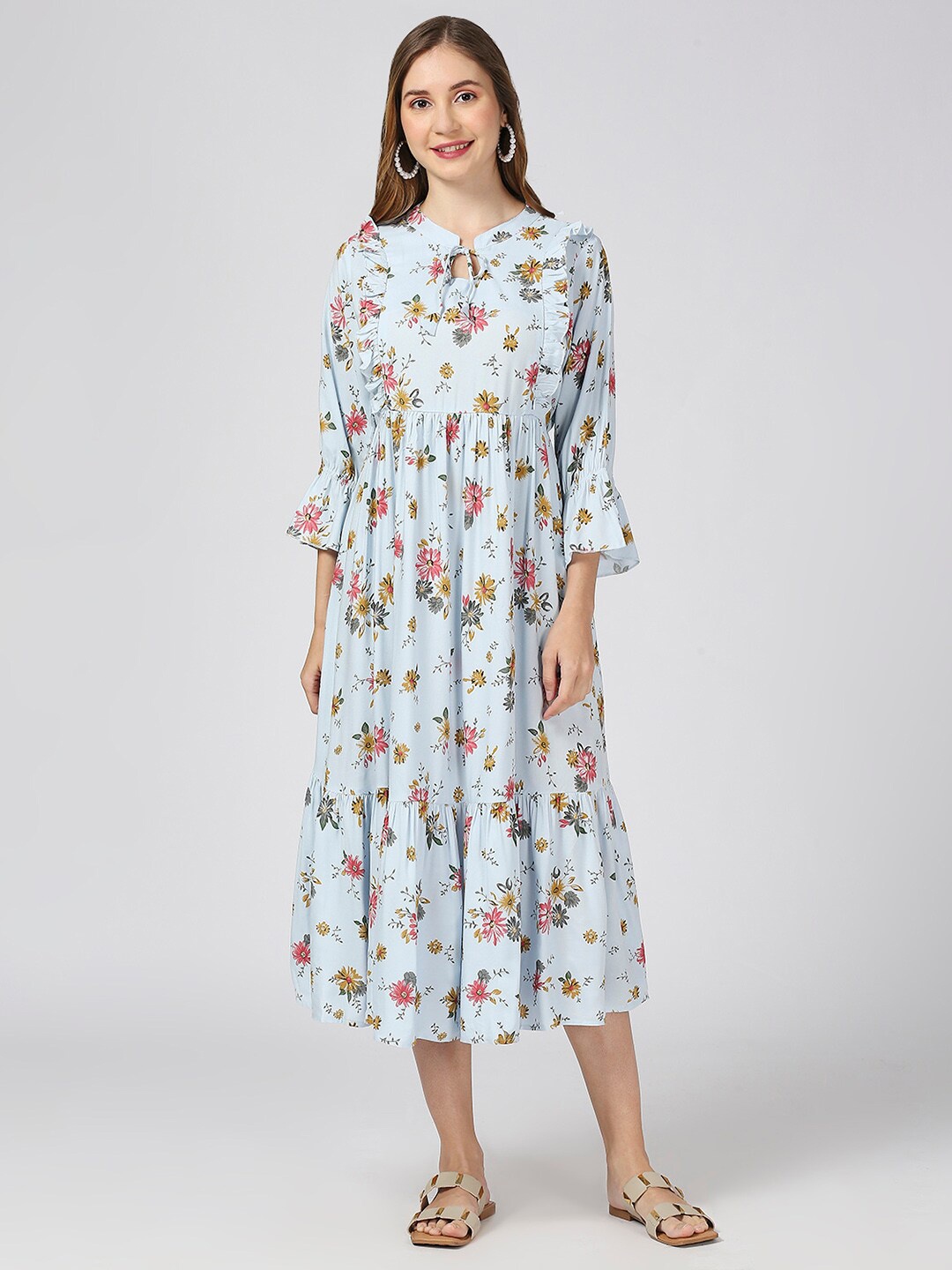 

MeeMee Floral Print Tie-Up Neck Maternity Fit & Flare Midi Dress with Feeding Zip, Blue