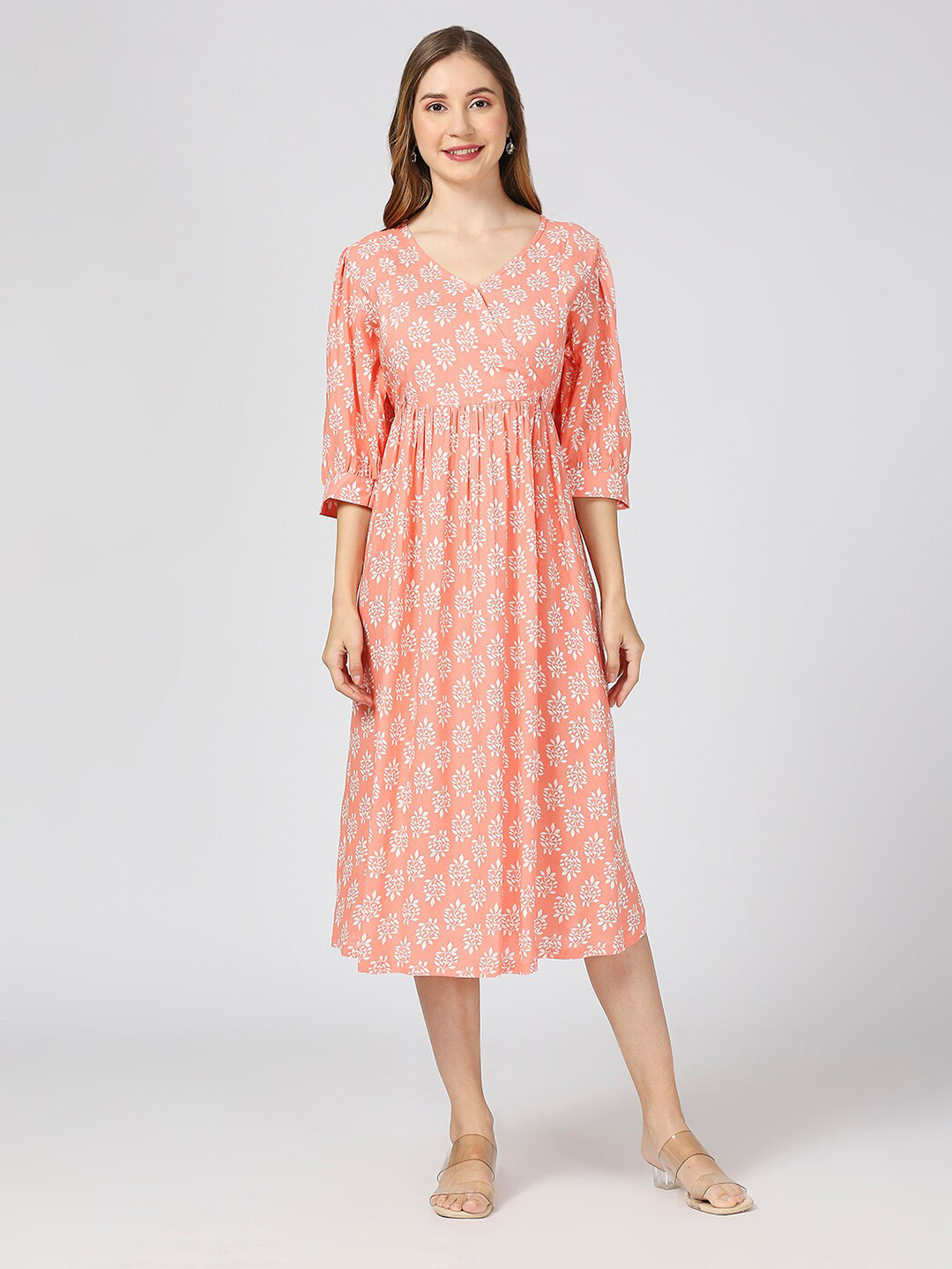 

MeeMee Floral Printed V Neck Maternity Fit & Flare Midi Dress with Feeding Zip, Peach