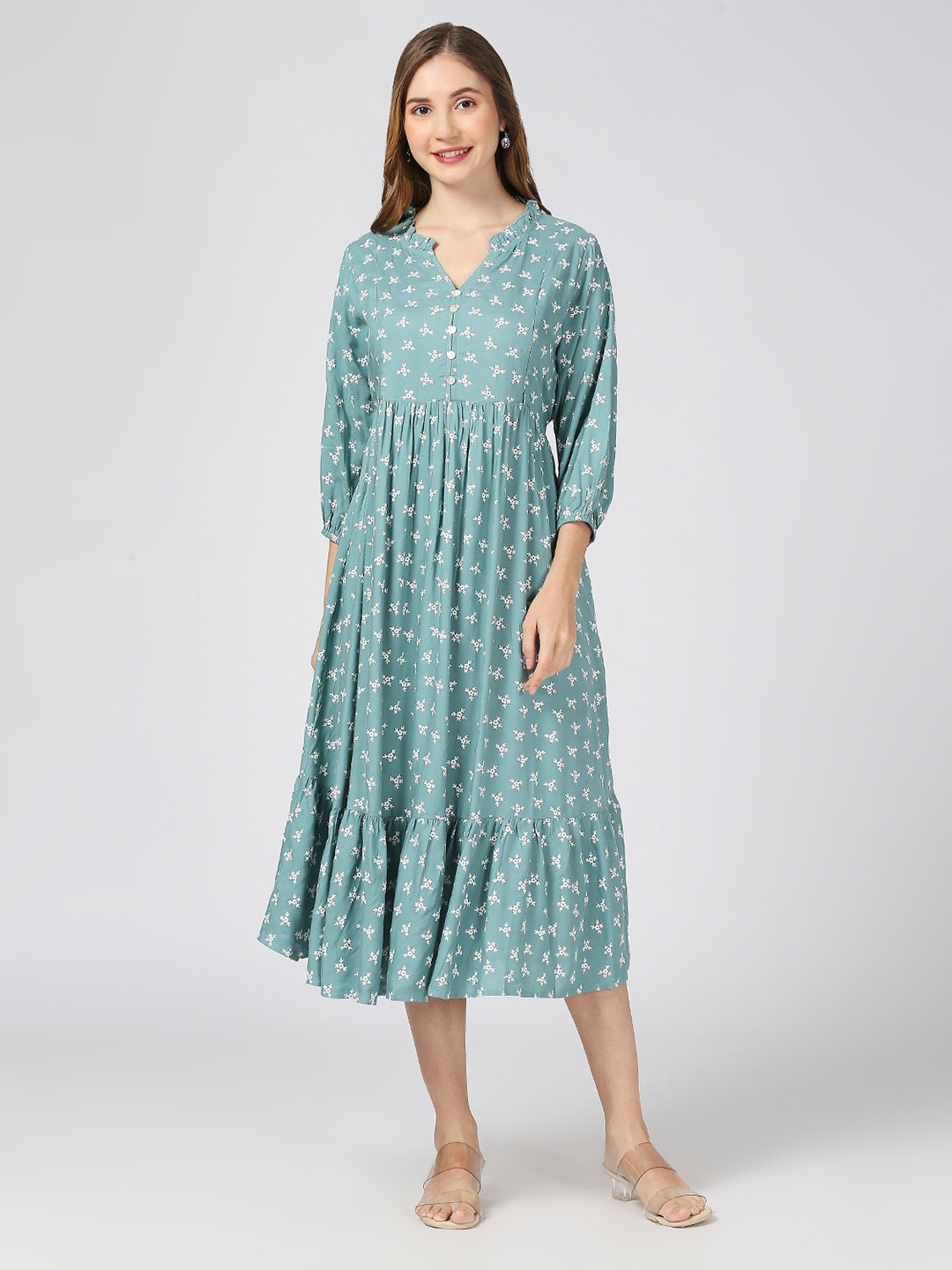 

MeeMee Floral Print Maternity Fit & Flare Midi Dress with Feeding Zip, Green