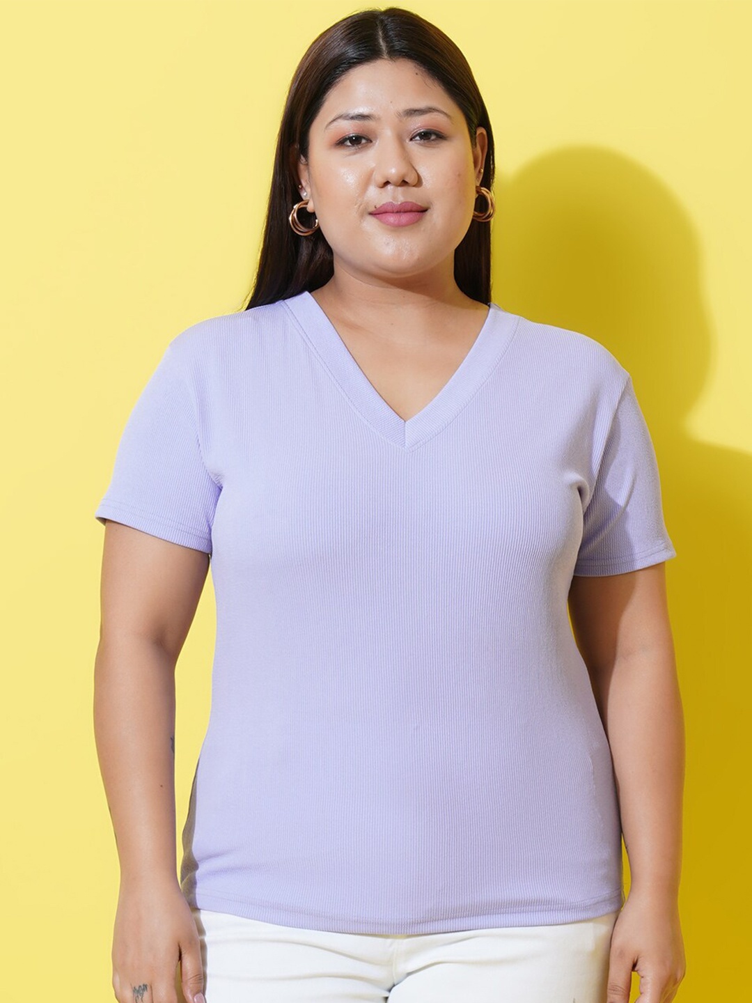 

U&F Beyond Plus Size V-Neck Ribbed Top, Lavender