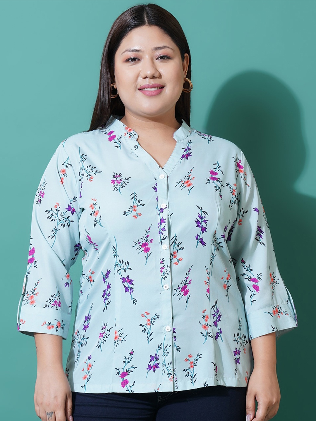 

U&F Beyond Plus Size Floral Print Mandarin Collar Crepe Top, Turquoise blue