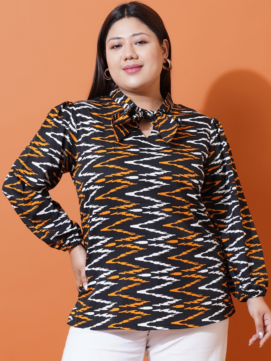 

U&F Beyond Plus Size Abstract Printed Tie-Up Neck Puffed Sleeves Top, Black
