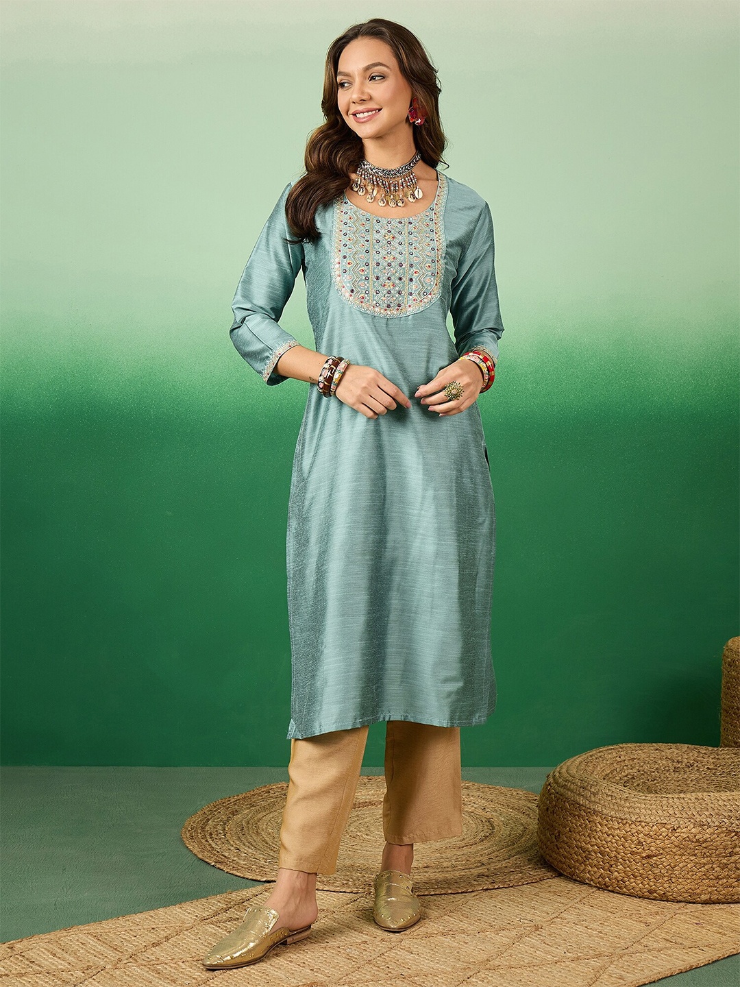 

Sangria Ethnic Motifs Yoke Design Mirror Work Straight Kurta, Blue