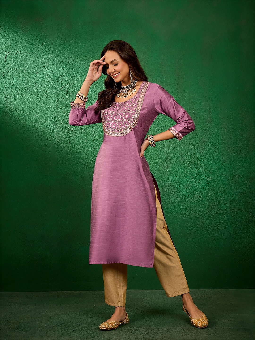 

Sangria Floral Embroidered Yoke Design Mirror Work Straight Kurta, Pink