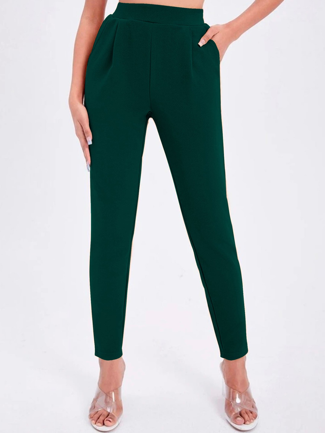 

Dream Beauty Fashion Women Mid-Rise Easy Wash Pleated Cigarette Trousers, Green