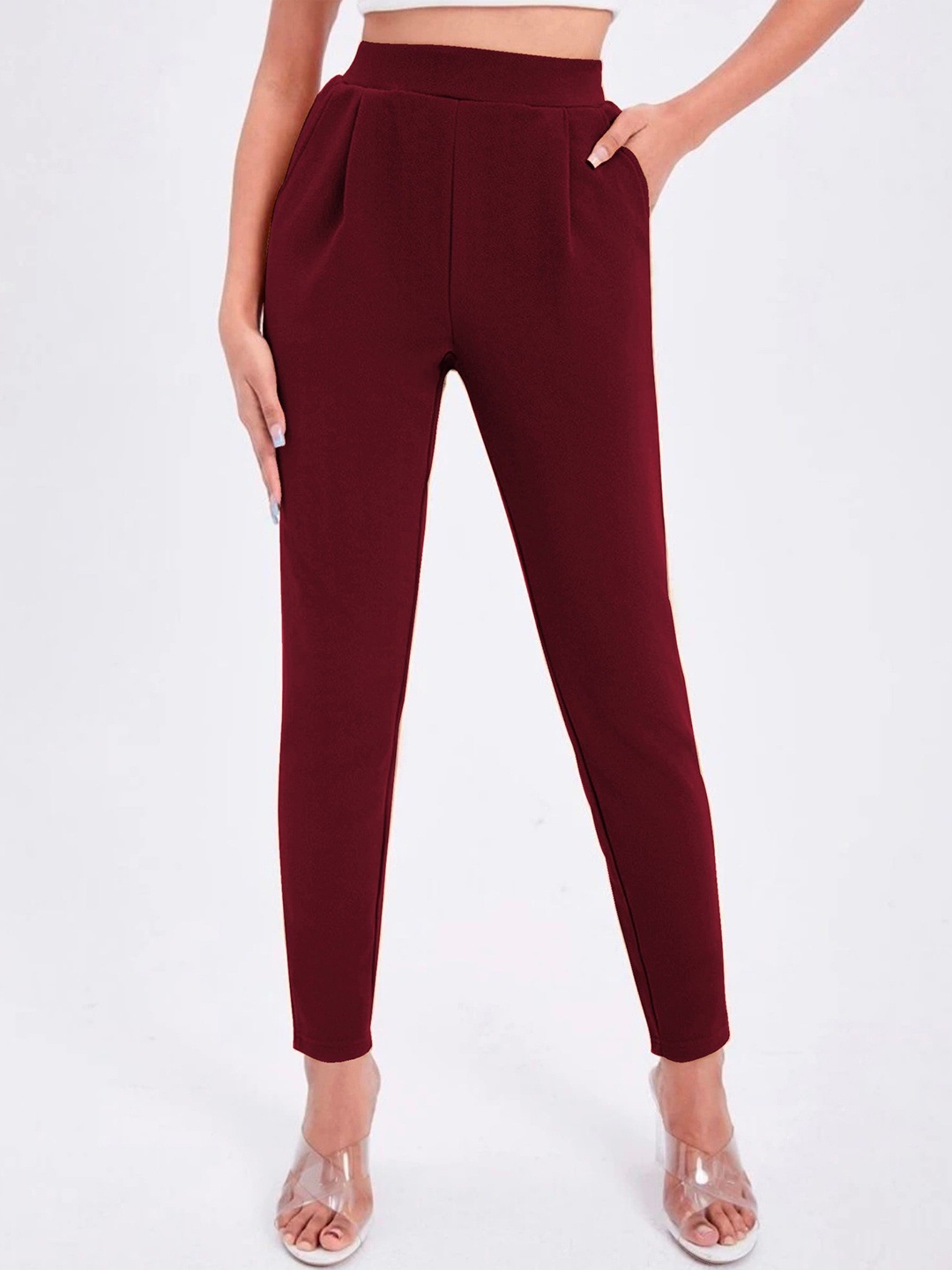 

Dream Beauty Fashion Women Mid-Rise Easy Wash Pleated Cigarette Trousers, Maroon