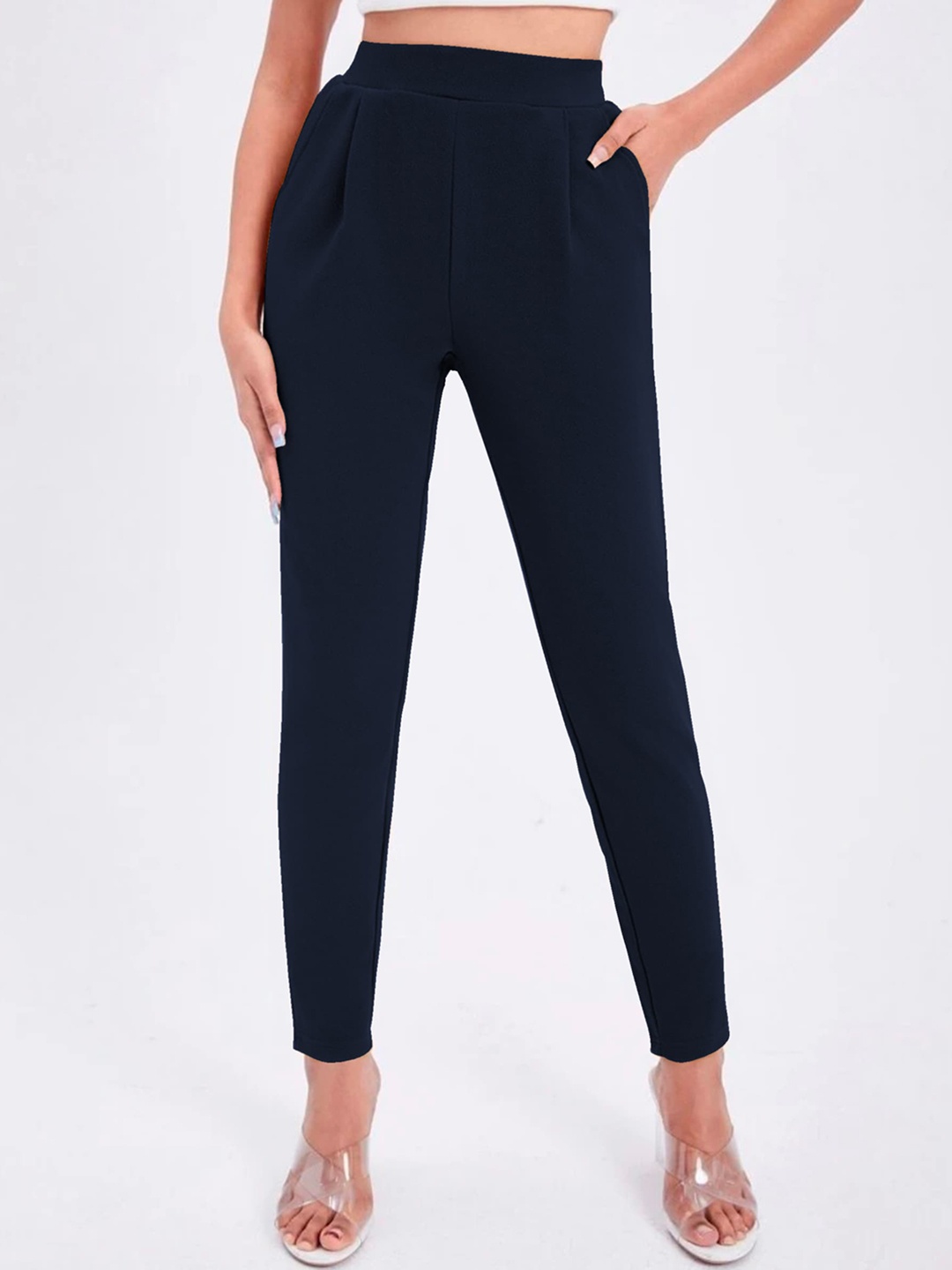

Dream Beauty Fashion Women Mid-Rise Easy Wash Pleated Cigarette Trousers, Navy blue