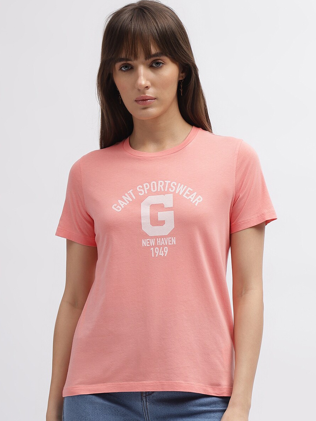GANT Round Neck Typography Printed Cotton T-shirt, Orange