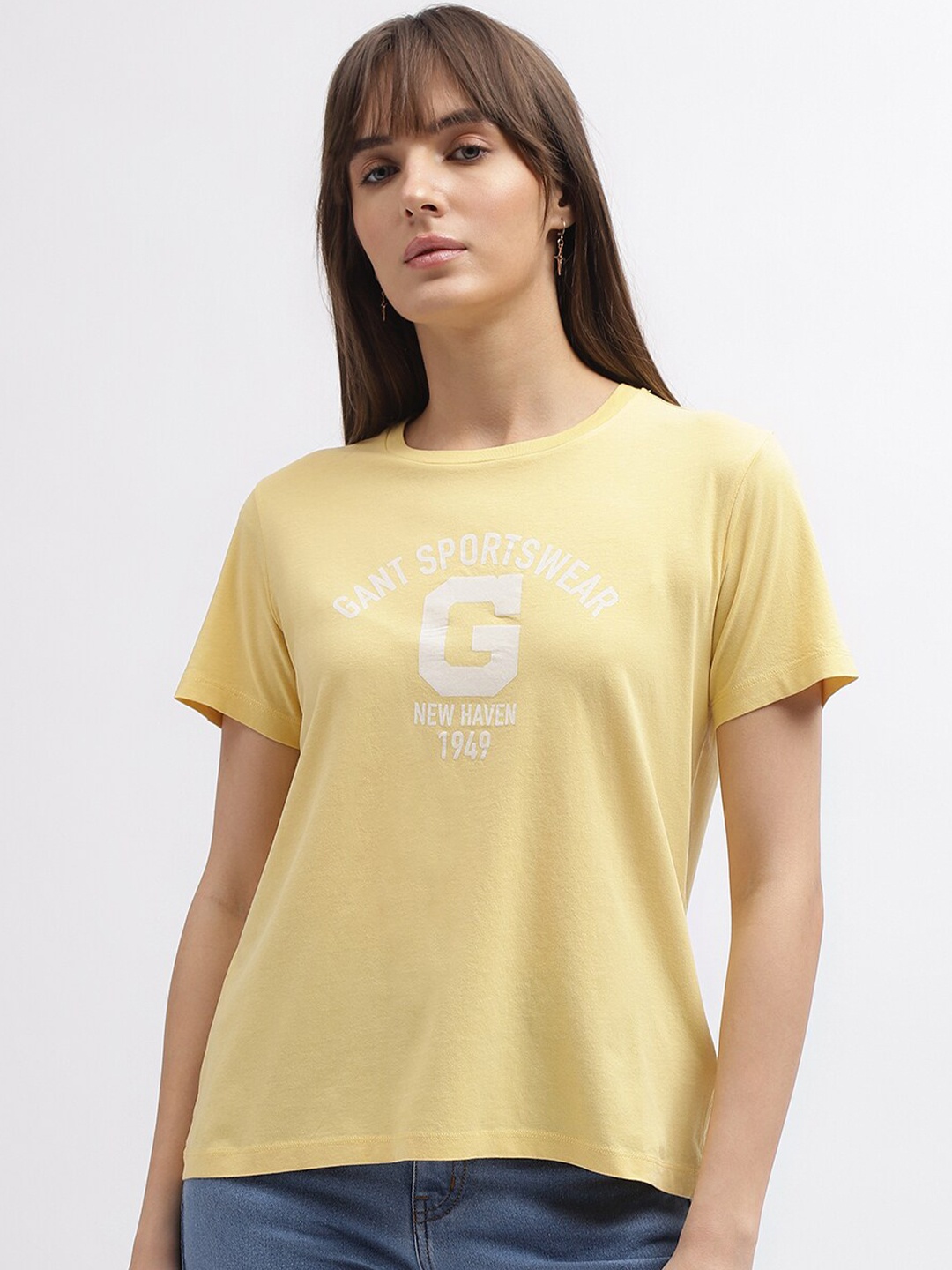 

GANT Round Neck Typography Printed Cotton T-shirt, Yellow