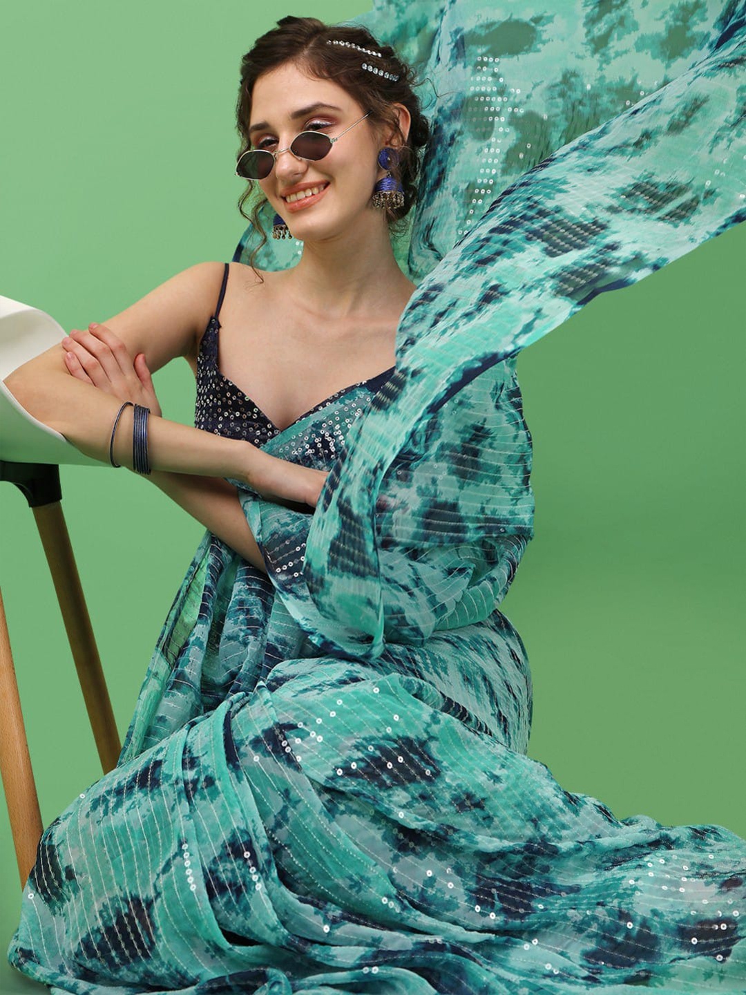 

ALAGINI Embellished Sequinned Pure Georgette Chanderi Saree, Blue