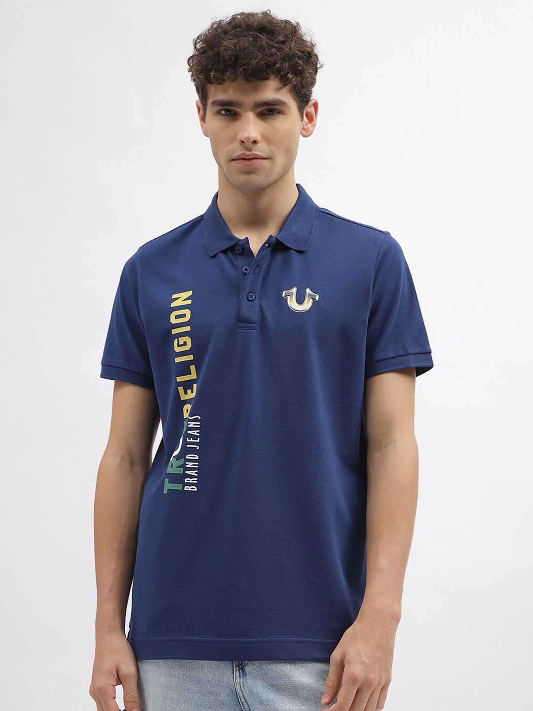 

True Religion Typography Printed Polo Collar Pure Cotton T-shirt, Blue