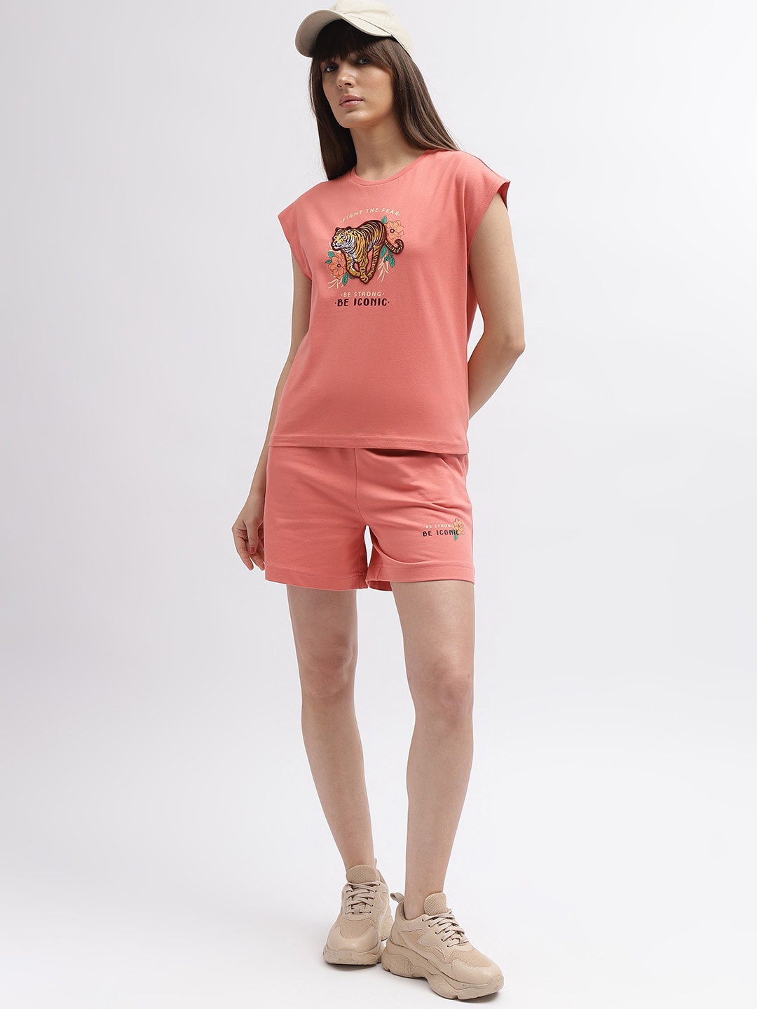 

Iconic Typography Printed Extended Sleeves Pure Cotton T-shirt, Coral