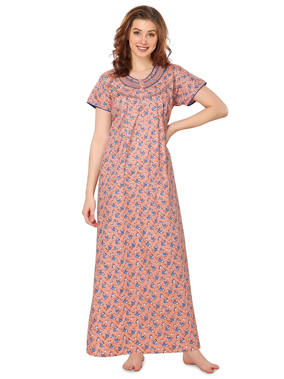 

Soulemo Floral Printed Pure Cotton Maxi Nightdress, Peach