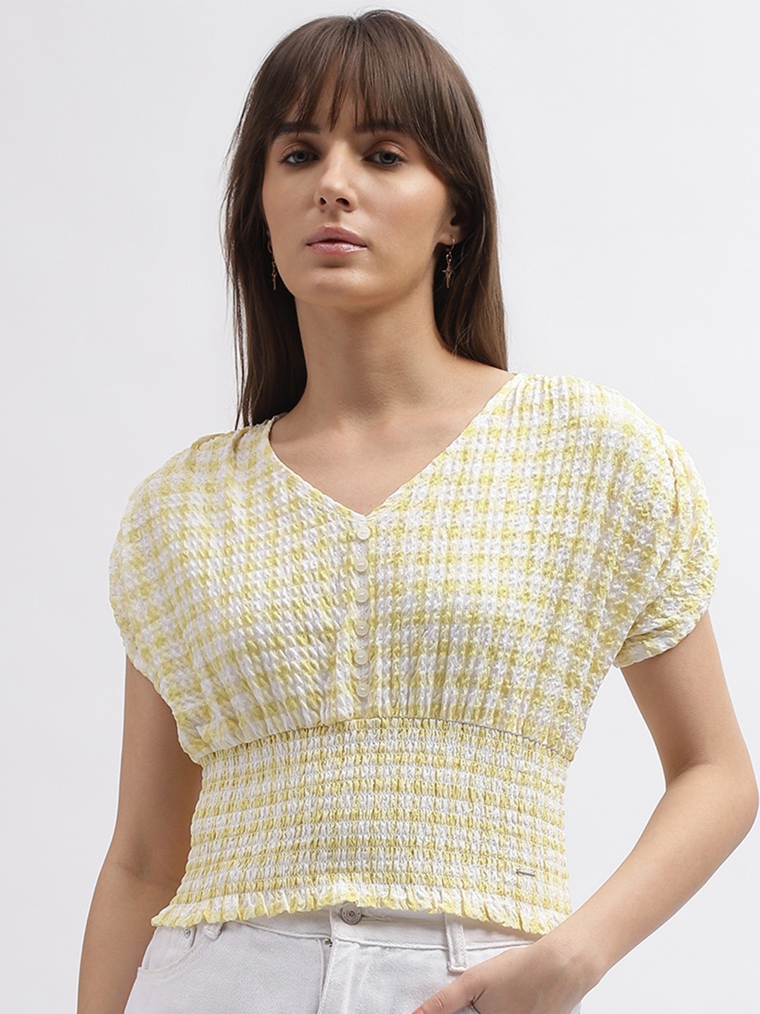 

ELLE Checked Extended Sleeves Smocked Cinched Waist Crop Top, Yellow