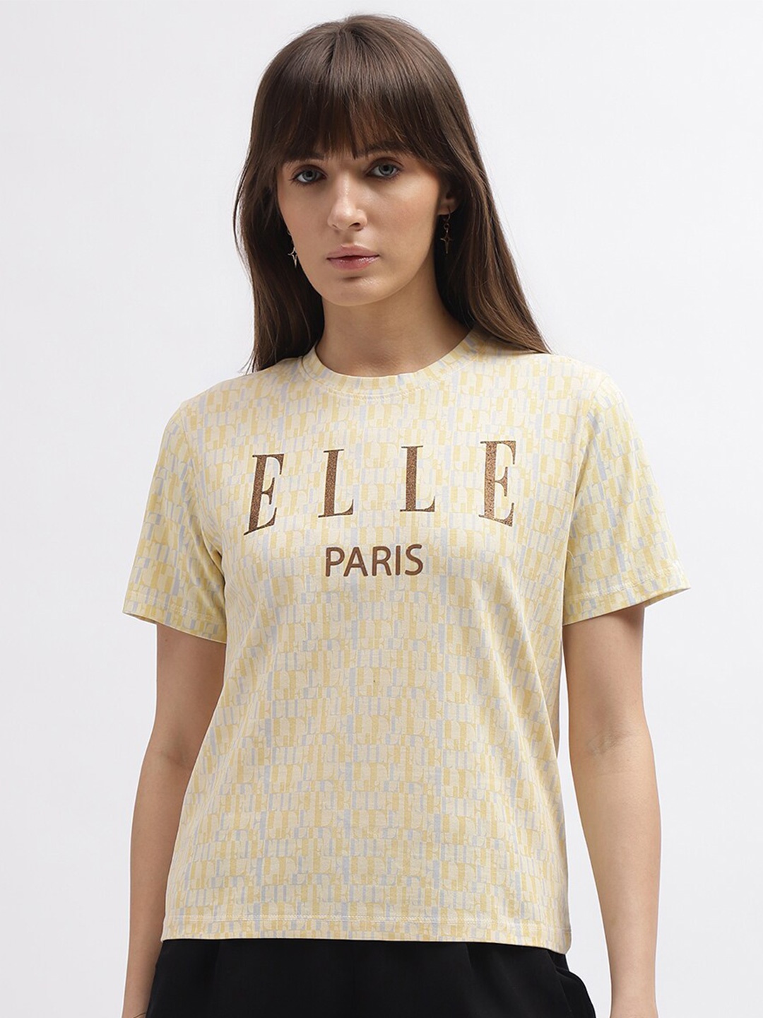 

ELLE Round Neck Typography Printed Cotton T-shirt, Cream