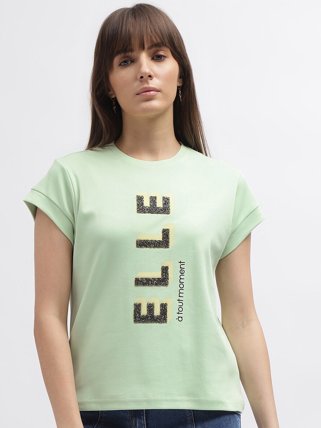 

ELLE Round Neck Typography Printed Cotton Extended Sleeves T-shirt, Green