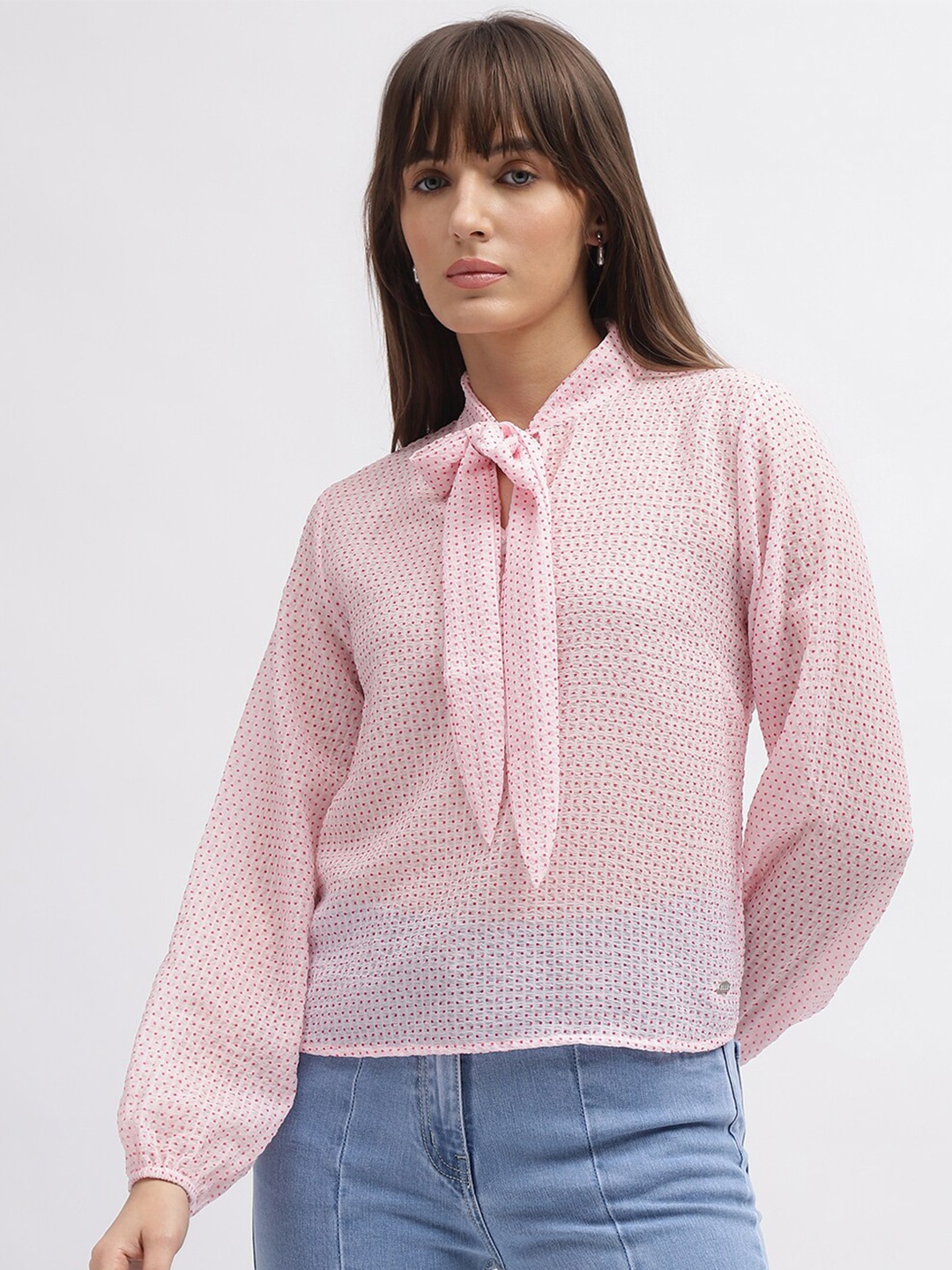 

ELLE Polka Dot Print Tie-Up Neck Puff Sleeve Shirt Style Top, Pink