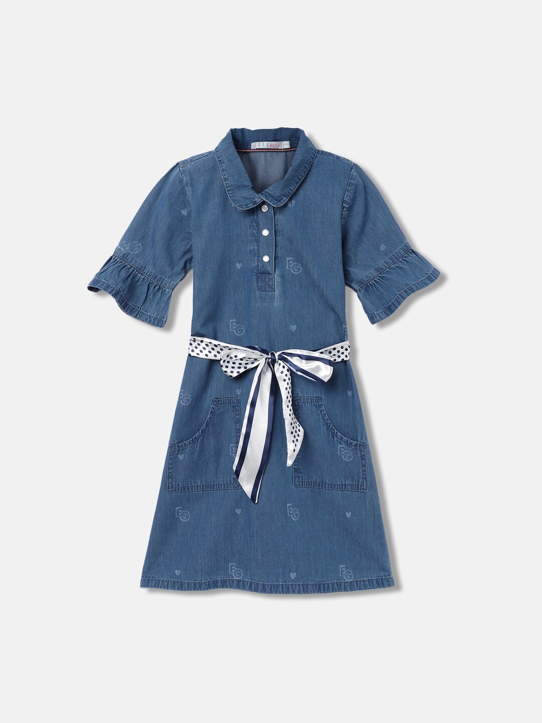 

ELLE Embellished Short Bell Sleeve Shirt Dress, Blue