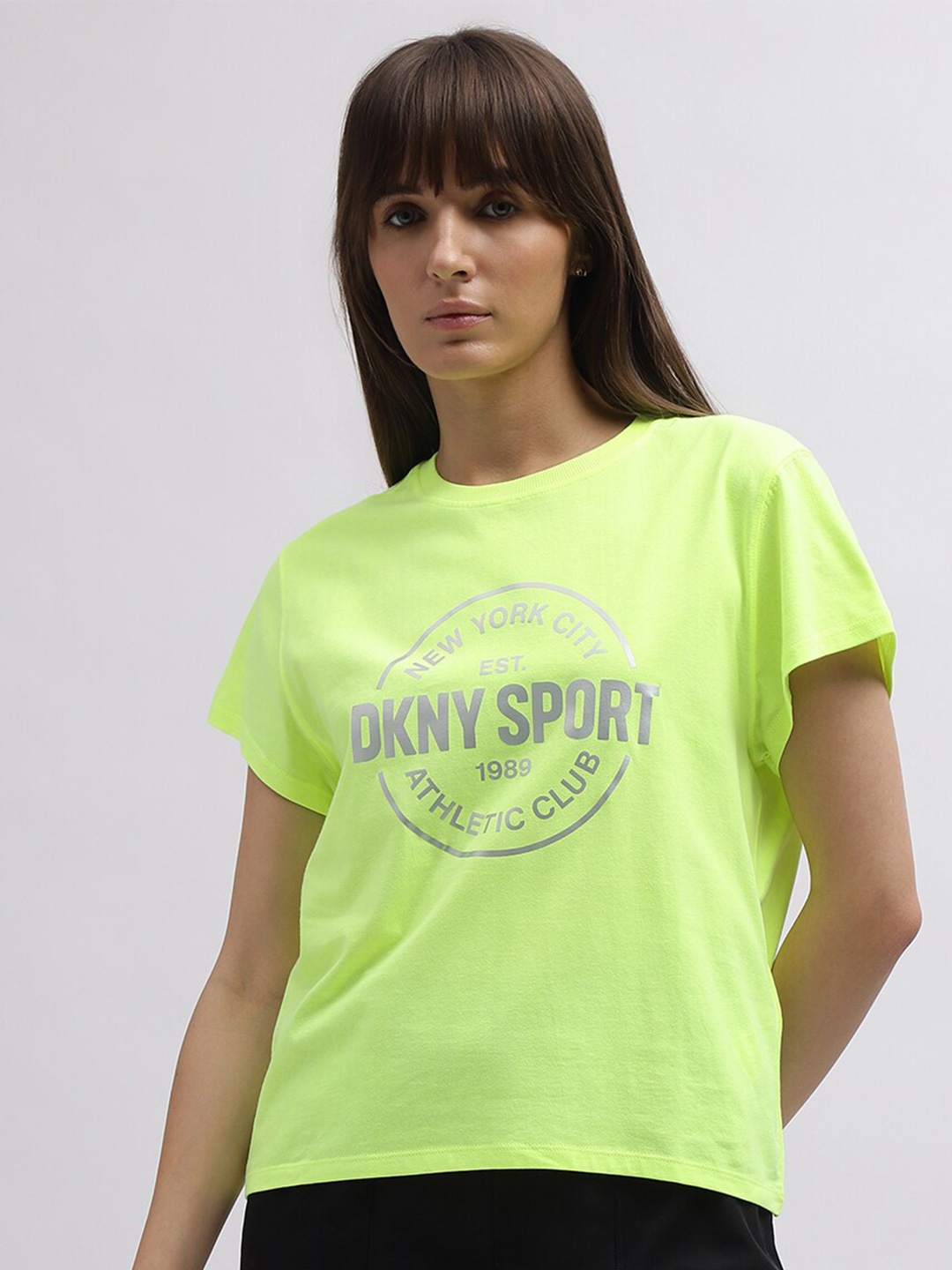 

DKNY Round Neck Typography Printed Cotton Boxy T-shirt, Green