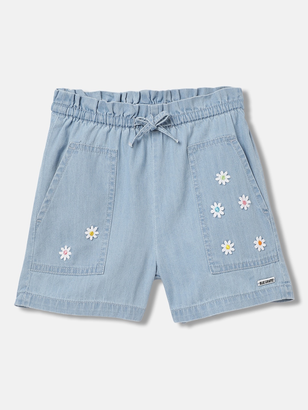 

Blue Giraffe Girls Floral Embroidered Pure Cotton Denim Shorts