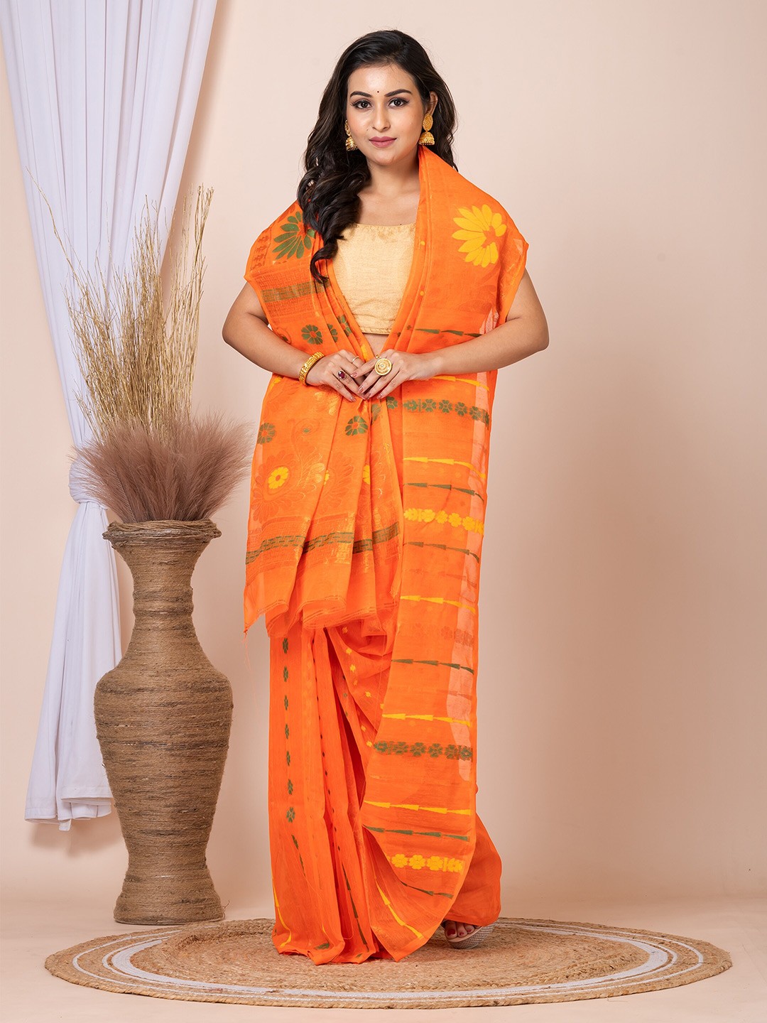 

Laa Calcutta Ethnic Motifs Woven Design Jamdani Saree, Orange