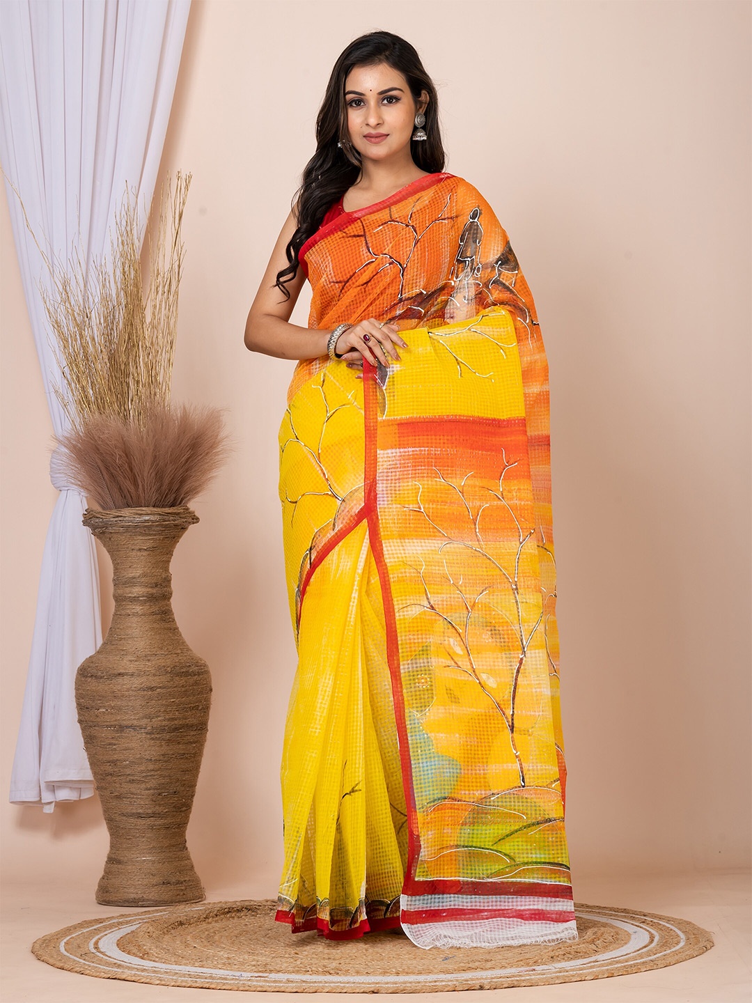 

Laa Calcutta Floral Printed Pure Cotton Saree, Yellow