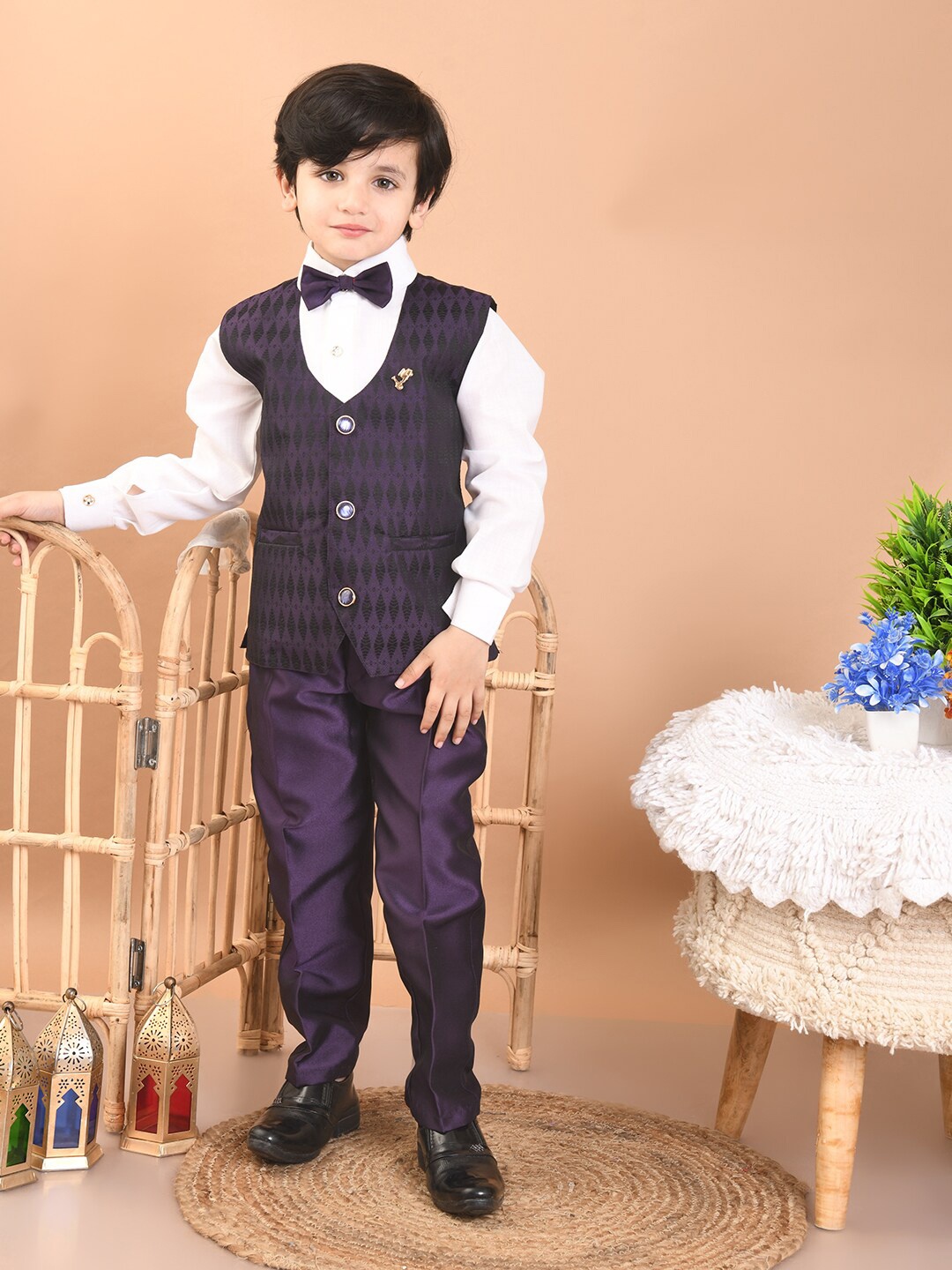 

Superminis Boys Self Designed Four Piece Party Wear Suit, Purple