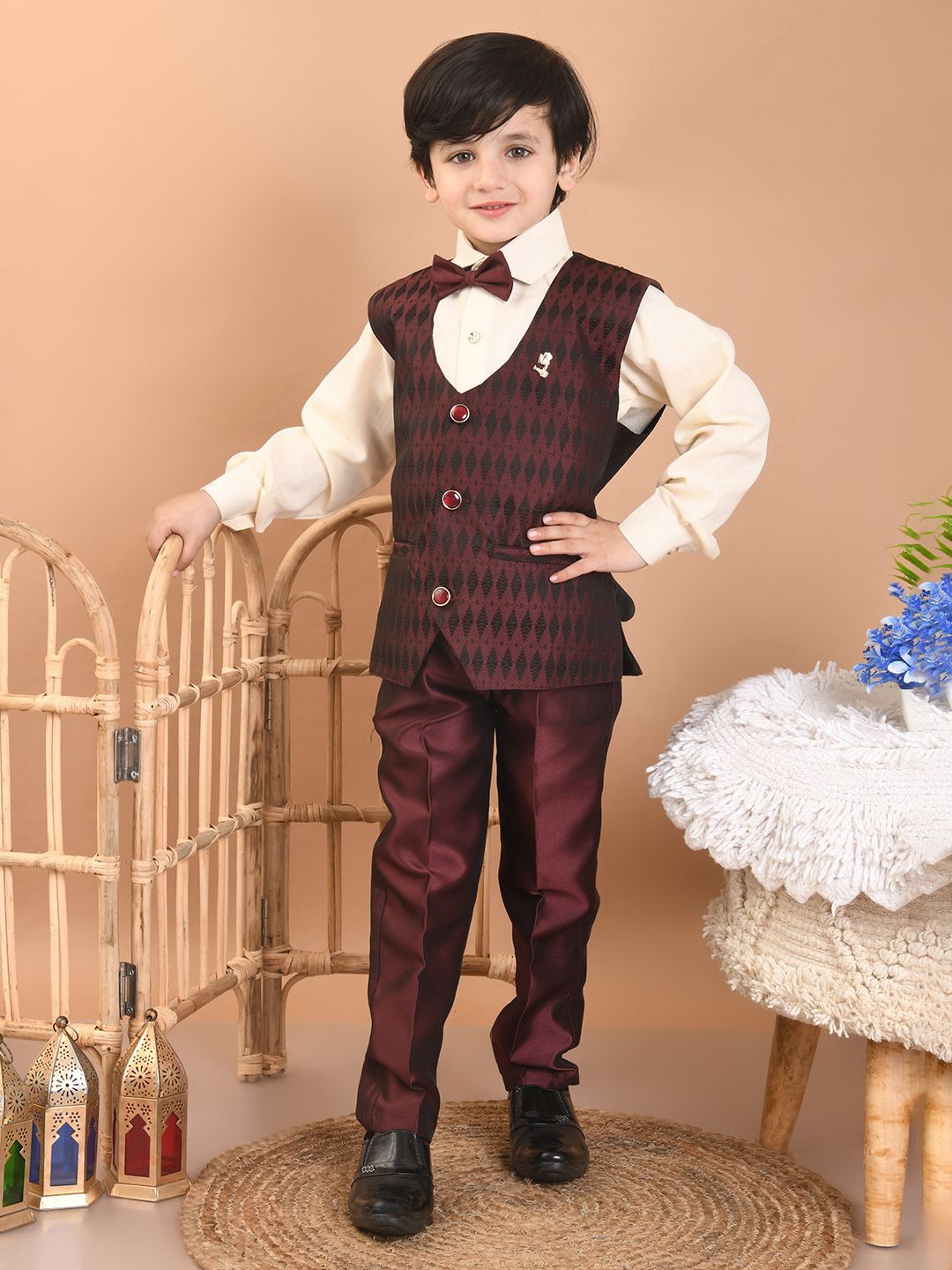 

Superminis Boys Self Designed Four Piece Party Wear Suit, Maroon