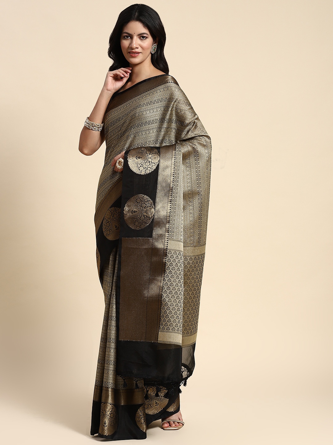 

Sayisha Ethnic Motifs Zari Pure Silk Saree, Black