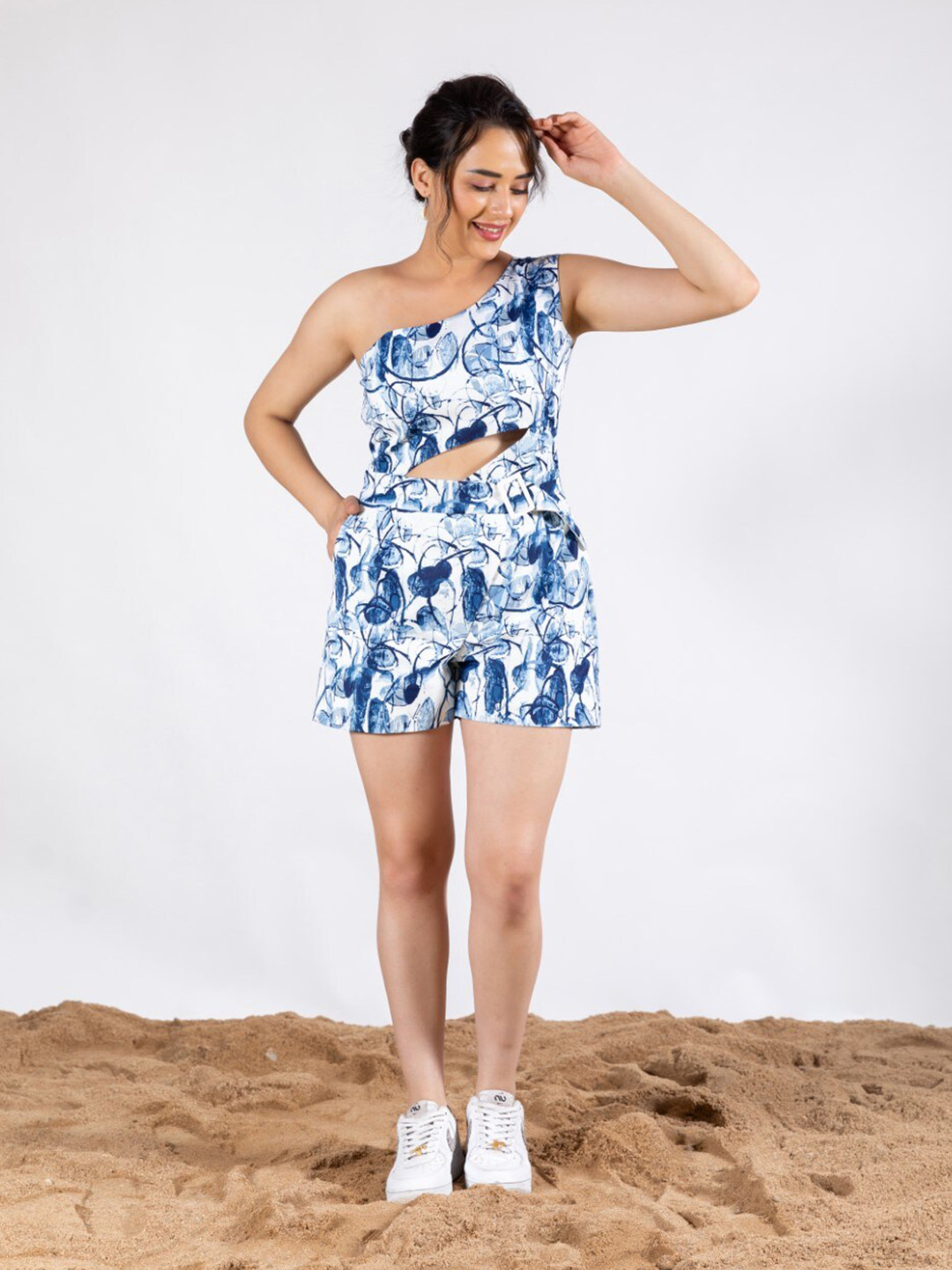 

HOUSE OF MIRA Abstract Printed One-Shoulder Jumpsuit, Blue