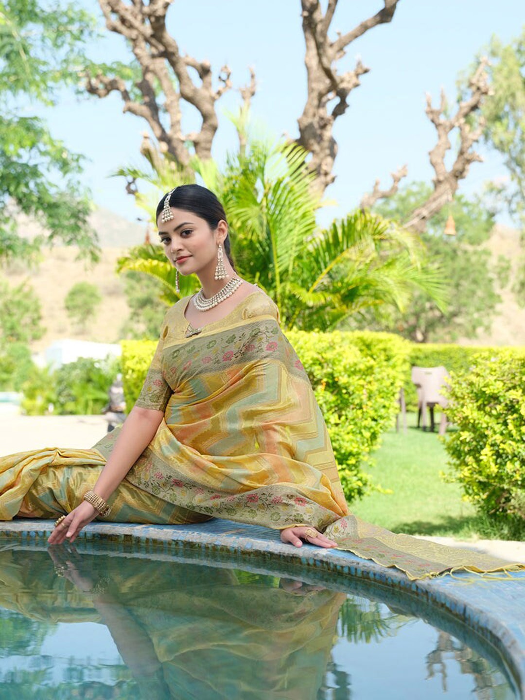 

Kandora Woven Design Organza Saree, Yellow