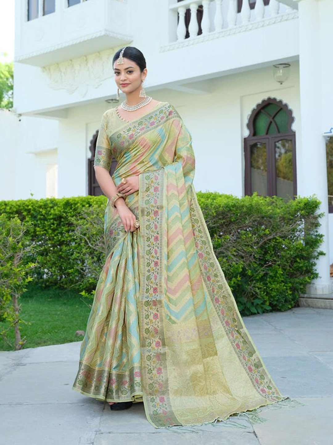

Kandora Woven Design Zari Organza Saree, Green