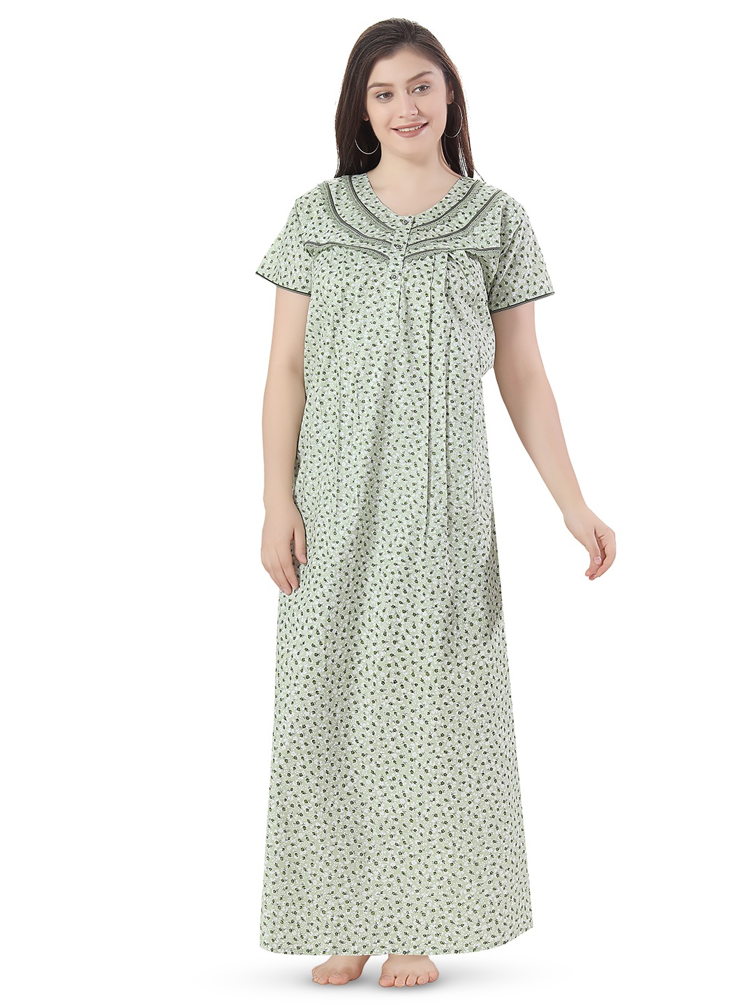 

Soulemo Floral Printed Pure Cotton Maxi Nightdress, Green