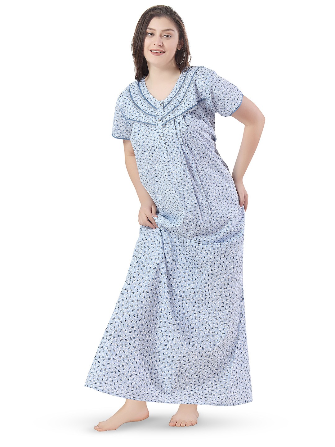 

Soulemo Floral Printed Pure Cotton Maxi Nightdress, Blue
