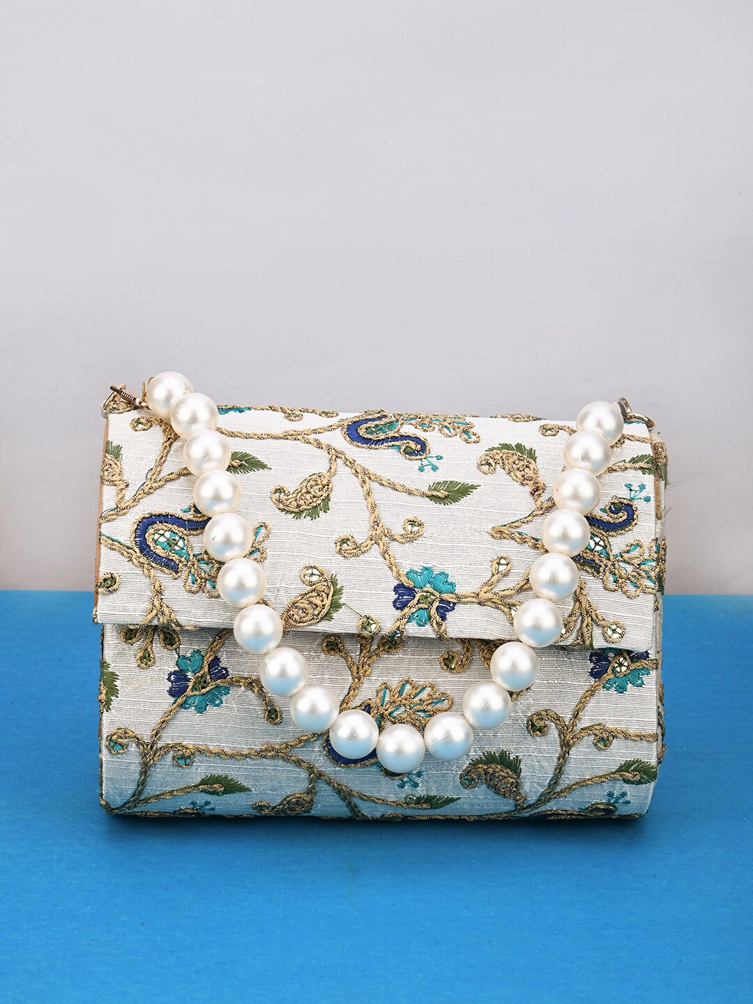 

gaura pakhi Embroidered Canvas Envelope Clutch, Off white