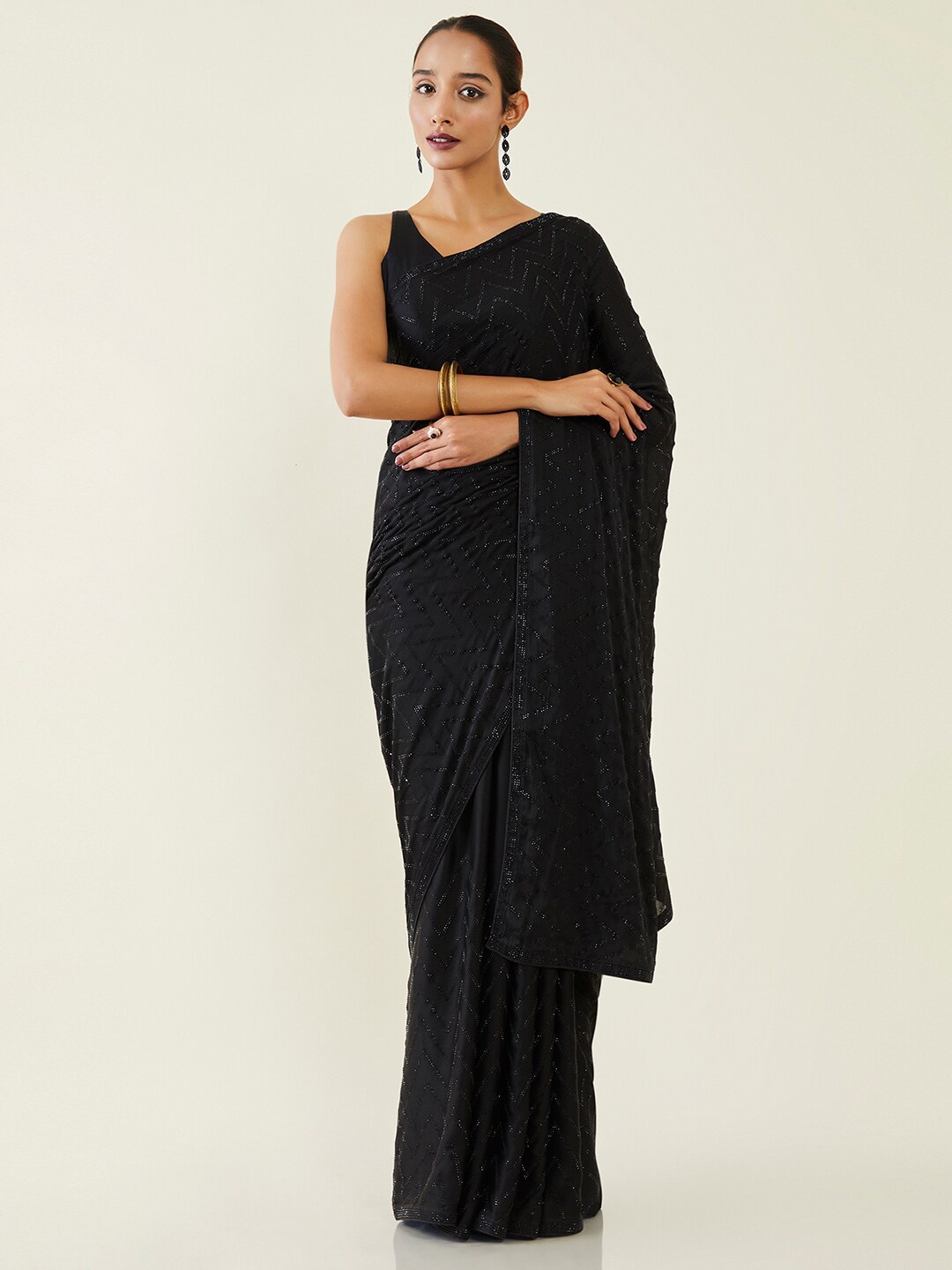 

Soch Black Chevron Embellished Beads & Stones Pure Crepe Saree