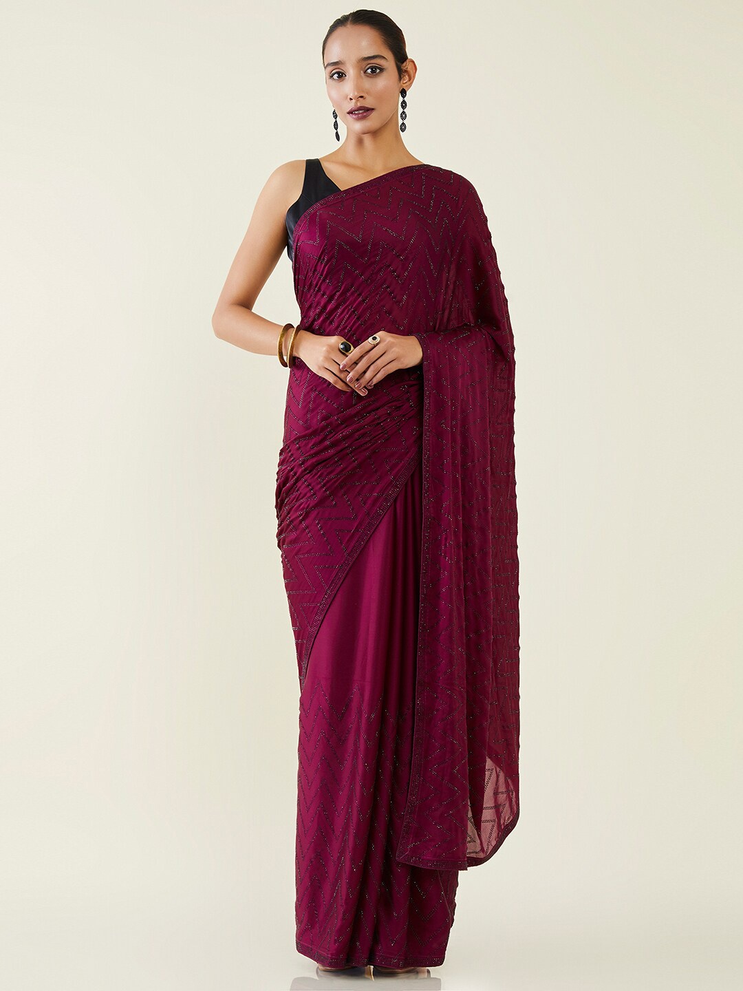 

Soch Purple Chevron Embellished Beads & Stones Pure Crepe Saree