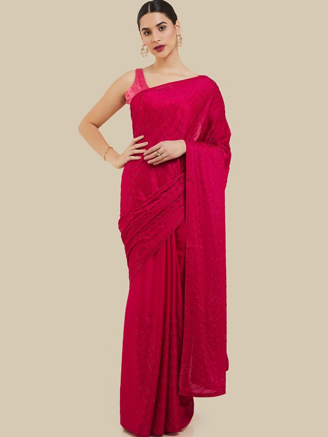 

Soch Fuchsia Chevron Embellished Beads & Stones Pure Crepe Saree