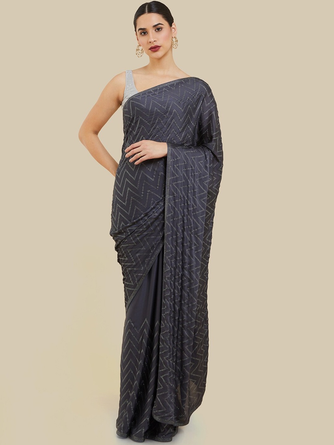 

Soch Charcoal Chevron Embellished Beads & Stones Pure Crepe Saree