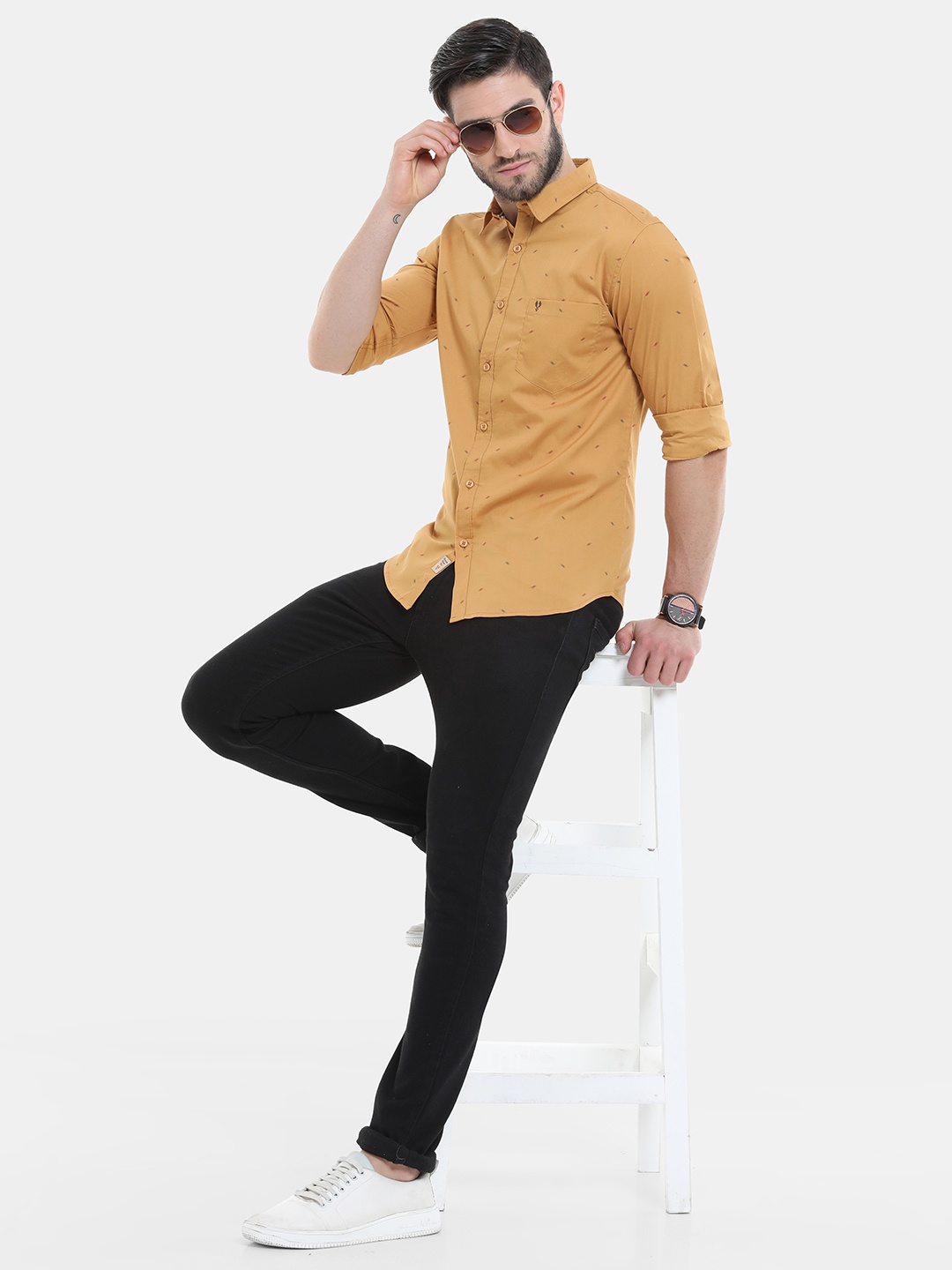 

VUDU Comfort Conversational Printed Cotton Spread Collar Casual Shirt, Yellow