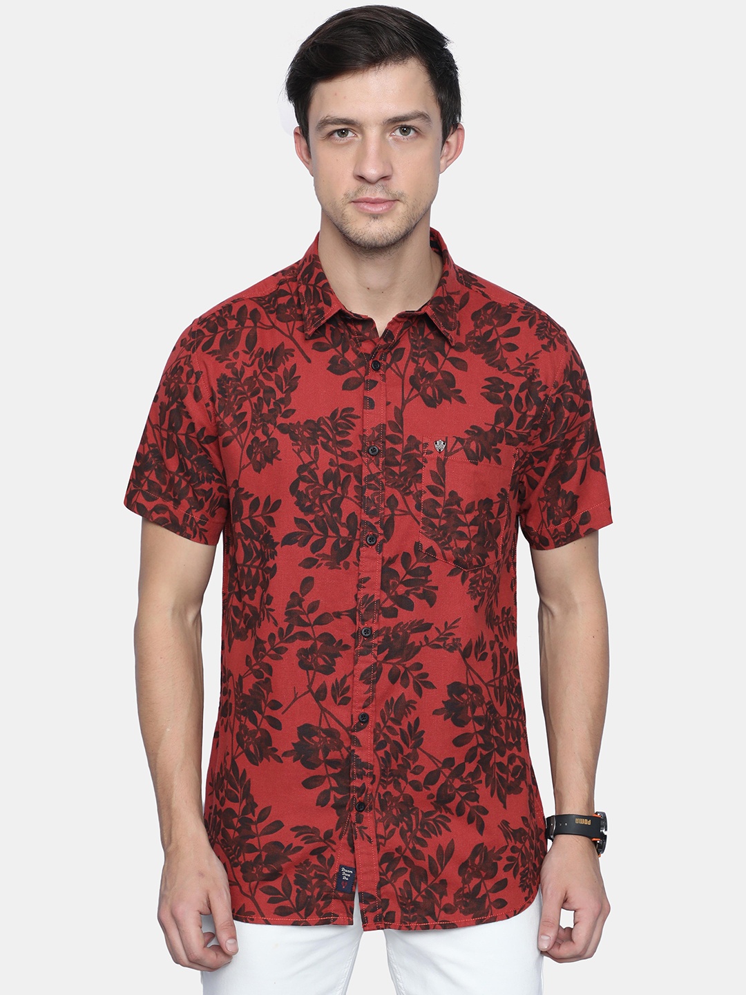 

VUDU Floral Printed Cotton Spread Collar Casual Shirt, Red