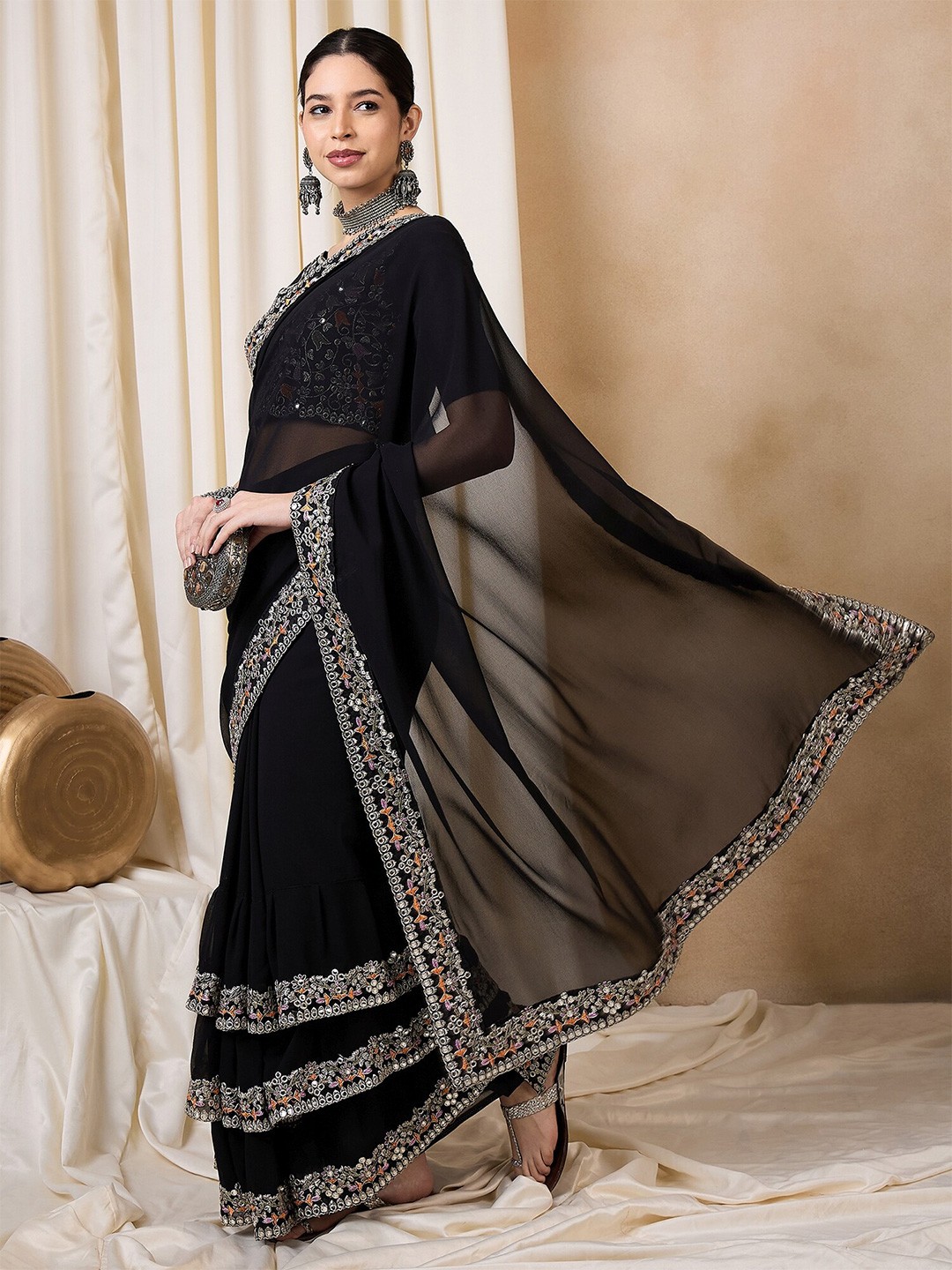 

KAVINDI Embellished Embroidered Pure Georgette Saree, Black